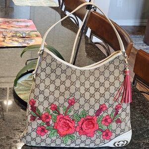 Gucci GG Canvas "New Britt" Medium Hobo Tote with Patches and Tassel Charm Added